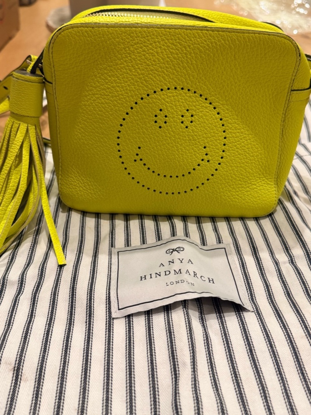 Anya Hindmarch Neon Yellow Perforated Smiley Leather Crossbody - Picture 1 of 11